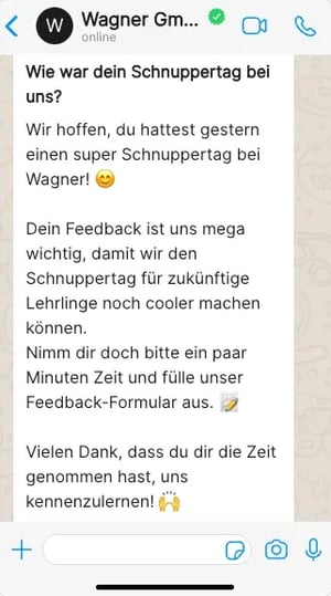 Wagner Whatsapp Schnuppertag Nachricht Screenshot